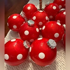 NEW. 12 large shatterproof Red and White Polka Dot Holiday Ornaments